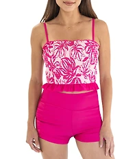 Janela Bay Pink Palm Smocked Ruffle Tankini Swim Top