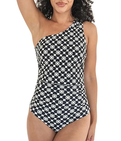Janela Bay Retro Geometric Circles One Shoulder One Piece Swimsuit