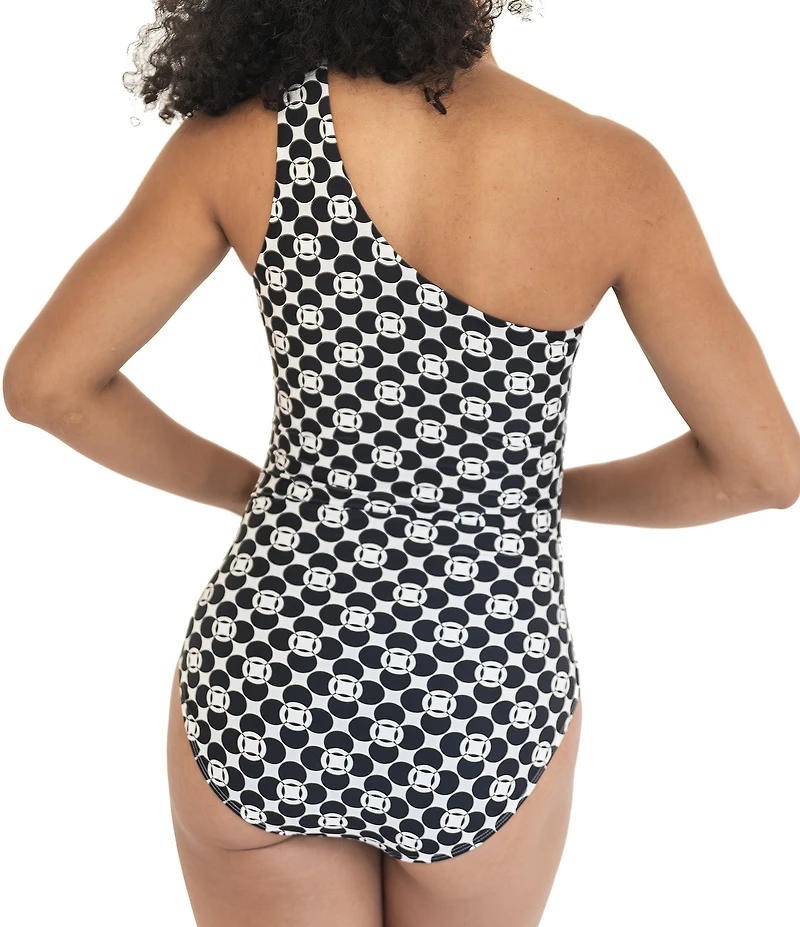 Janela Bay Retro Geometric Circles One Shoulder One Piece Swimsuit