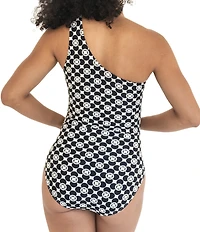 Janela Bay Retro Geometric Circles One Shoulder One Piece Swimsuit