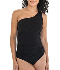 Janela Bay Solid Floral Texture One Shoulder One Piece Swimsuit