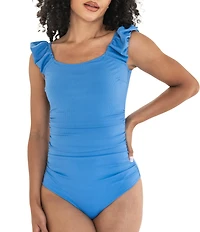 Janela Bay Solid Ribbed Twist Back Puffy Straps One Piece Swimsuit