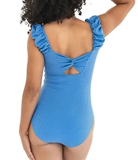 Janela Bay Solid Ribbed Twist Back Puffy Straps One Piece Swimsuit