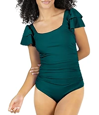 Janela Bay Solid Square Neck Double Ruffle One Piece Swimsuit