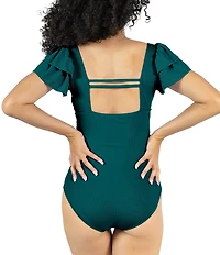 Janela Bay Solid Square Neck Double Ruffle One Piece Swimsuit