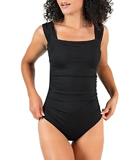 Janela Bay Solid Stretch Ribbed Square Neck Wide Strap One Piece Swimsuit