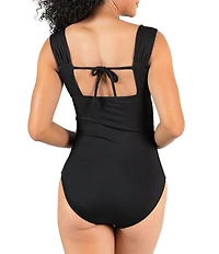 Janela Bay Solid Stretch Ribbed Square Neck Wide Strap One Piece Swimsuit