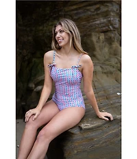 Janela Bay Sunburst Square Neck Faux Tie Bow Shoulder Straps Tank One Piece Swimsuit