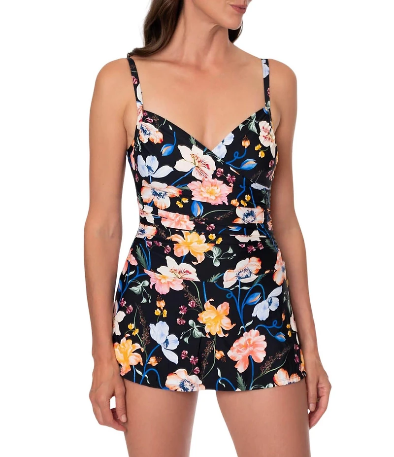 Jantzen Blooming Flowers Flirty Surplice V-Neck Tummy Control One Piece Swimdress
