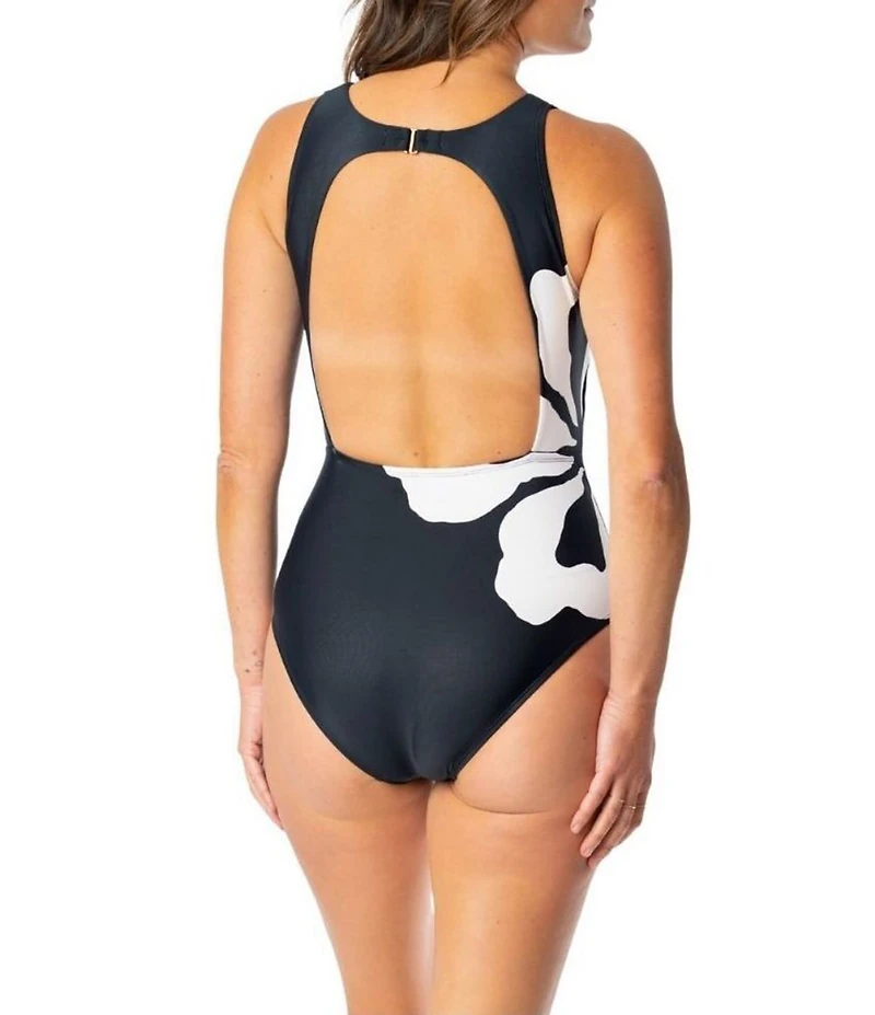 Jantzen Floral Outline Farrah Open Back Tummy Control High Neck One Piece Swimsuit