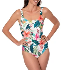 Jantzen Hawaiian Sunrise Jolie Square Neck Underwire Tummy Control One Piece Swimsuit