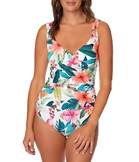 Jantzen Hawaiian Sunrise Tummy Control Surplice One Piece Swimsuit