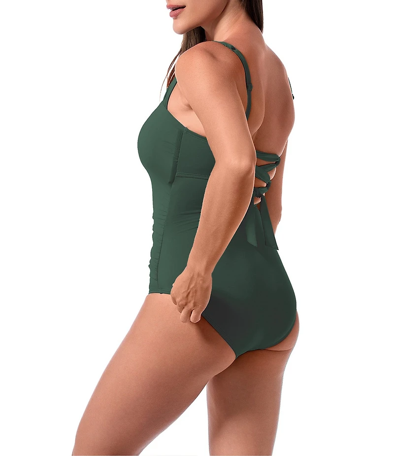 Jantzen Hilda Solid Lace-Up Shirred Tummy Control One Piece Swimsuit