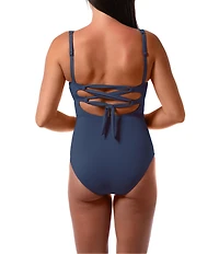 Jantzen Hilda Solid Lace-Up Shirred Tummy Control One Piece Swimsuit