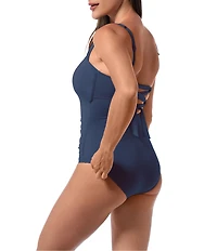 Jantzen Hilda Solid Lace-Up Shirred Tummy Control One Piece Swimsuit
