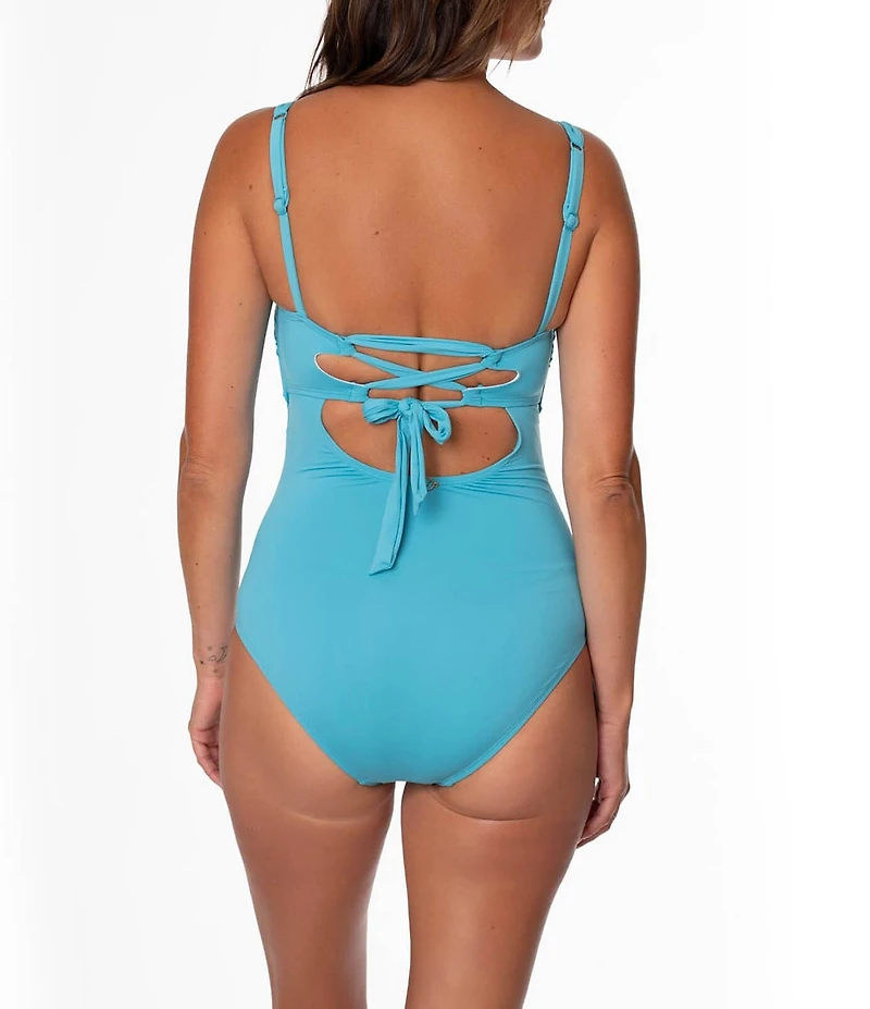 Jantzen Hilda Solid Lace-Up Shirred Tummy Control One Piece Swimsuit