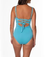Jantzen Hilda Solid Lace-Up Shirred Tummy Control One Piece Swimsuit