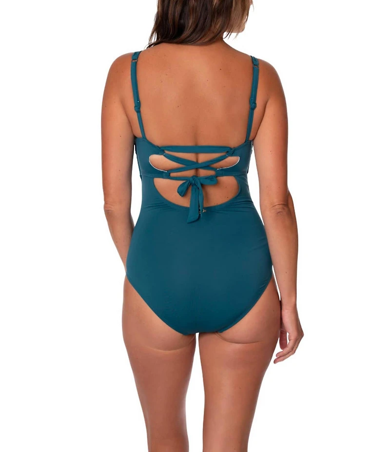 Jantzen Hilda Solid Lace-Up Shirred Tummy Control One Piece Swimsuit