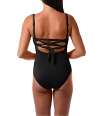 Jantzen Hilda Solid Lace-Up Shirred Tummy Control One Piece Swimsuit
