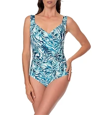 Jantzen Palm Camouflage V-Neck Surplice One Piece Swimsuit