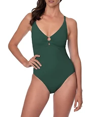 Jantzen Paris Solid Ring V-Neck Tummy Control One Piece Swimsuit