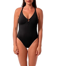 Jantzen Paris Solid Ring V-Neck Tummy Control One Piece Swimsuit