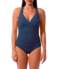 Jantzen Solid Amelie Surplice V-Neck Underwire Tummy Control Wrap One Piece Swimsuit