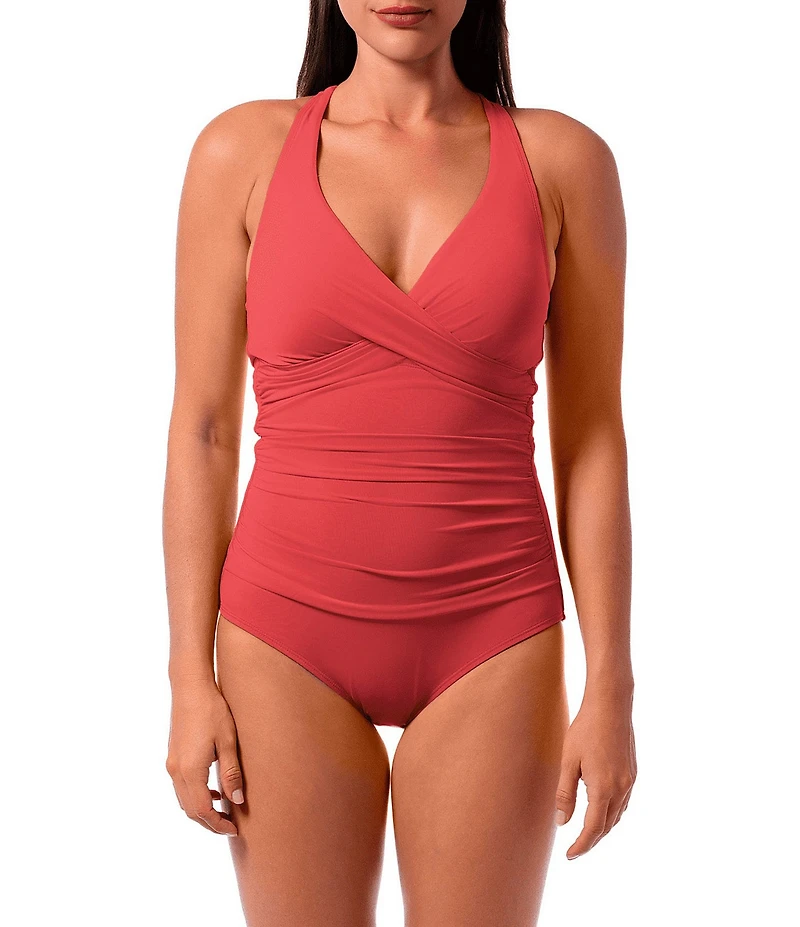 Jantzen Solid Amelie Surplice V-Neck Underwire Tummy Control Wrap One Piece Swimsuit
