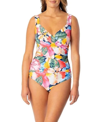 Jantzen Sunset Dream Ruching Surplice V-Neck One Piece Swimsuit