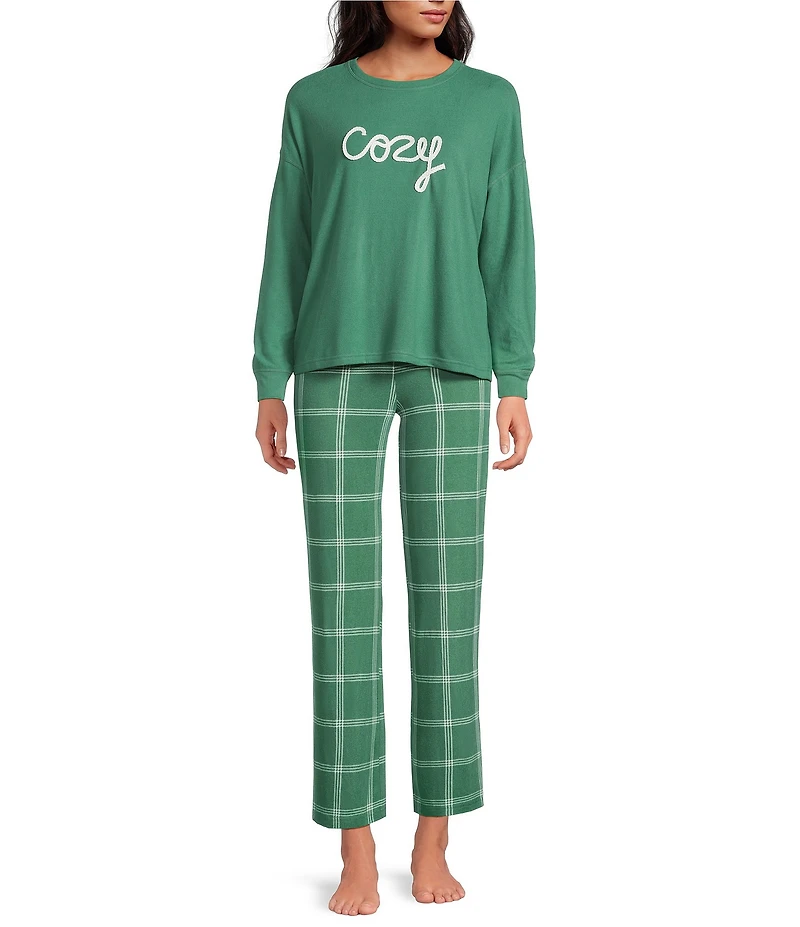 Jasmine & Ginger Brushed Knit #double;Cozy#double; Long Sleeve Round Neck Top Long Pajama Set
