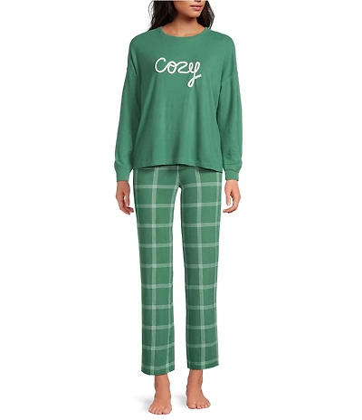 Jasmine & Ginger Brushed Knit #double;Cozy#double; Long Sleeve Round Neck Top Long Pajama Set