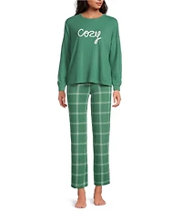 Jasmine & Ginger Brushed Knit #double;Cozy#double; Long Sleeve Round Neck Top Long Pajama Set