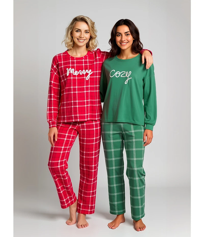 Jasmine & Ginger Brushed Knit #double;Cozy#double; Long Sleeve Round Neck Top Long Pajama Set