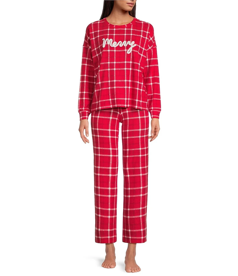 Jasmine & Ginger Brushed Knit Plaid Print #double;Merry#double; Long Sleeve Round Neck Long Holiday Pajama Set