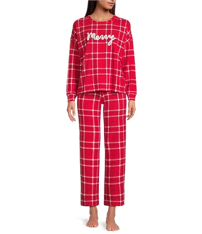 Jasmine & Ginger Brushed Knit Plaid Print #double;Merry#double; Long Sleeve Round Neck Long Holiday Pajama Set