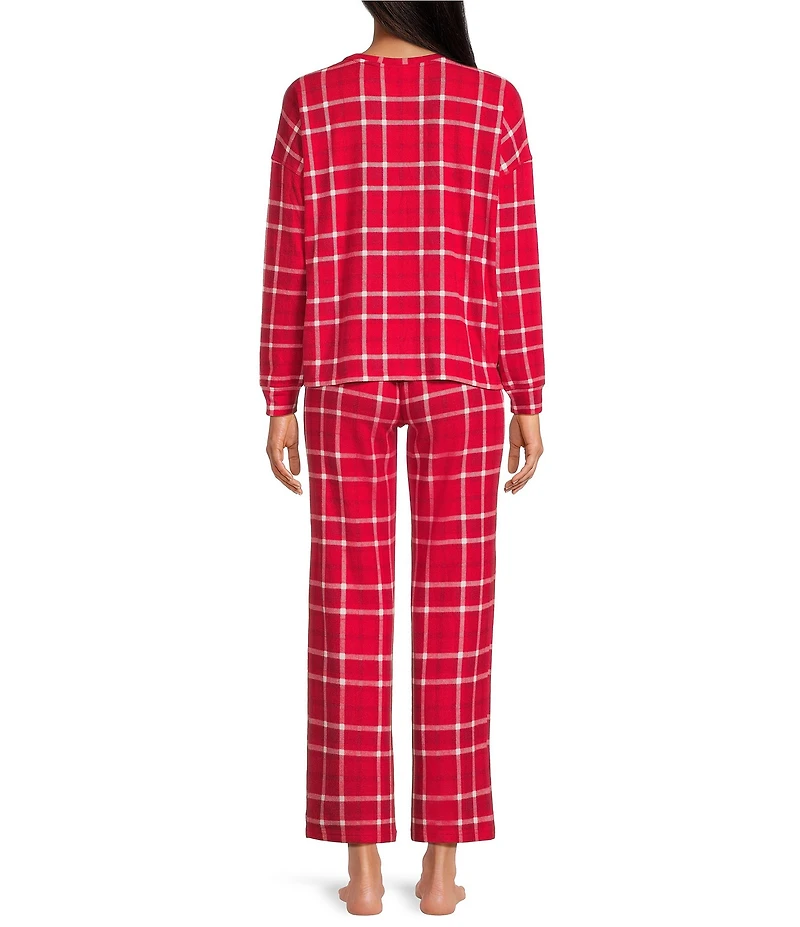 Jasmine & Ginger Brushed Knit Plaid Print #double;Merry#double; Long Sleeve Round Neck Long Holiday Pajama Set