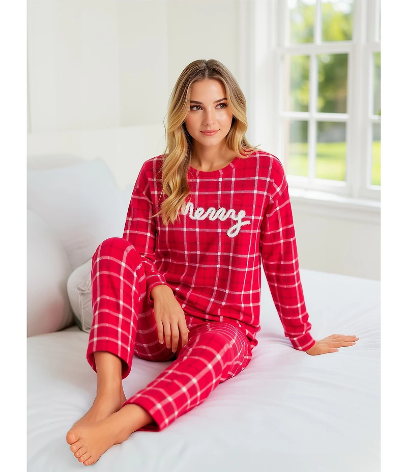 Jasmine & Ginger Brushed Knit Plaid Print #double;Merry#double; Long Sleeve Round Neck Long Holiday Pajama Set