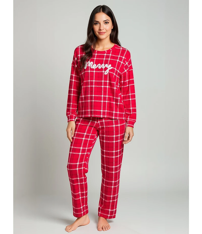 Jasmine & Ginger Brushed Knit Plaid Print #double;Merry#double; Long Sleeve Round Neck Long Holiday Pajama Set
