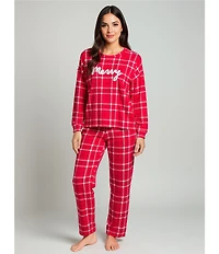 Jasmine & Ginger Brushed Knit Plaid Print #double;Merry#double; Long Sleeve Round Neck Long Holiday Pajama Set