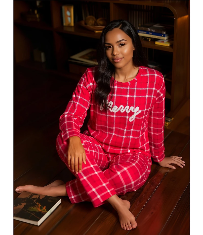 Jasmine & Ginger Brushed Knit Plaid Print #double;Merry#double; Long Sleeve Round Neck Long Holiday Pajama Set