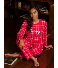 Jasmine & Ginger Brushed Knit Plaid Print #double;Merry#double; Long Sleeve Round Neck Long Holiday Pajama Set
