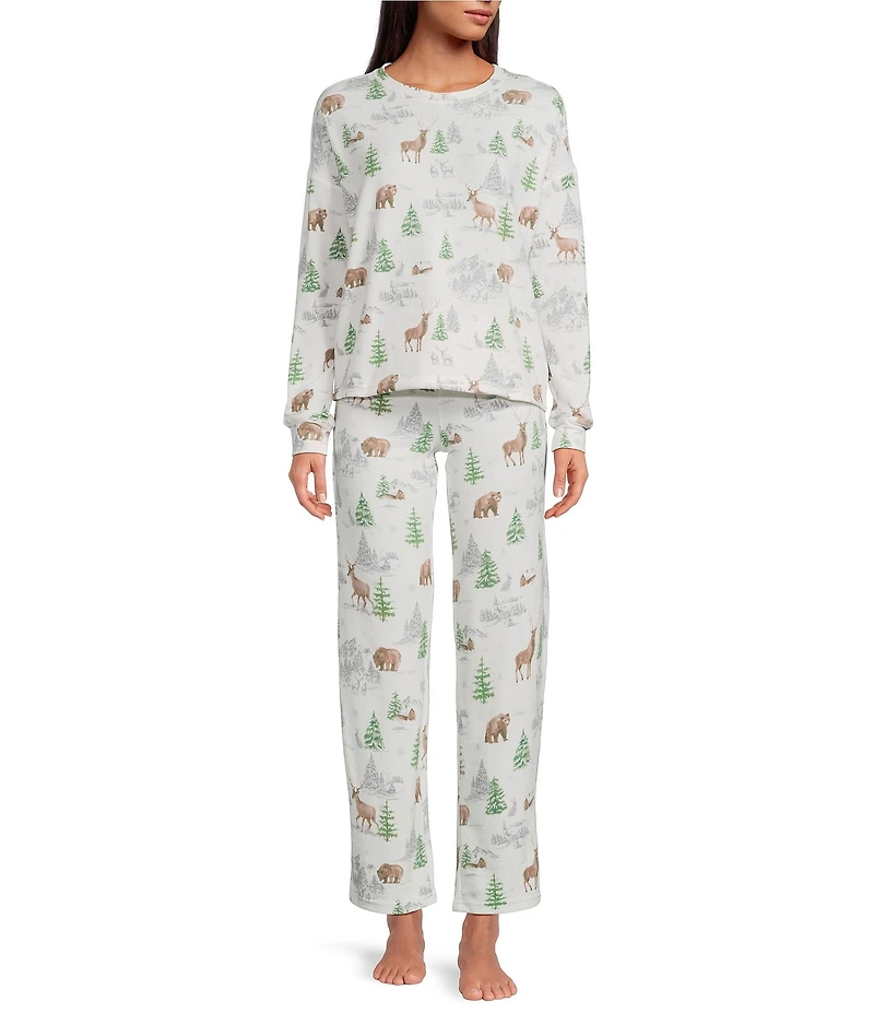 Jasmine & Ginger Brushed Knit Snowy Woodland Print Long Sleeve Round Neck Long Holiday Pajama Set