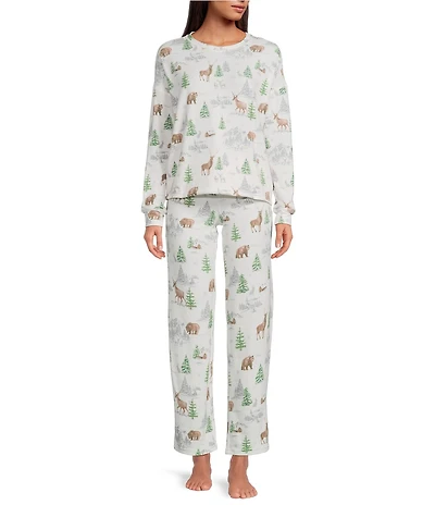 Jasmine & Ginger Brushed Knit Snowy Woodland Print Long Sleeve Round Neck Long Holiday Pajama Set