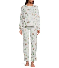 Jasmine & Ginger Brushed Knit Snowy Woodland Print Long Sleeve Round Neck Long Holiday Pajama Set