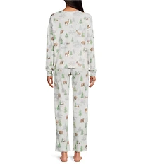 Jasmine & Ginger Brushed Knit Snowy Woodland Print Long Sleeve Round Neck Long Holiday Pajama Set