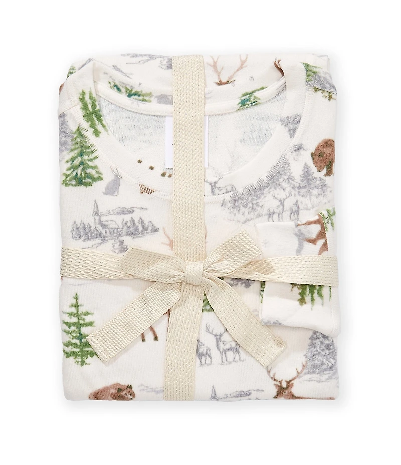 Jasmine & Ginger Brushed Knit Snowy Woodland Print Long Sleeve Round Neck Long Holiday Pajama Set