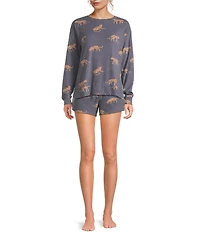 Jasmine & Ginger Cheetah Print Long Sleeve Crew Neck Coordinating Knit Sleep Top