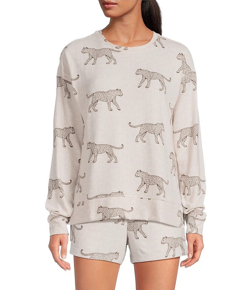 Jasmine & Ginger Cheetah Print Long Sleeve Crew Neck Coordinating Knit Sleep Top