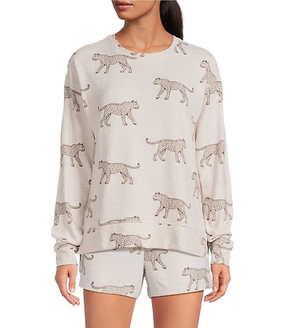 Jasmine & Ginger Cheetah Print Long Sleeve Crew Neck Coordinating Knit Sleep Top