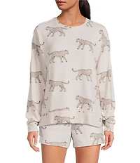 Jasmine & Ginger Cheetah Print Long Sleeve Crew Neck Coordinating Knit Sleep Top